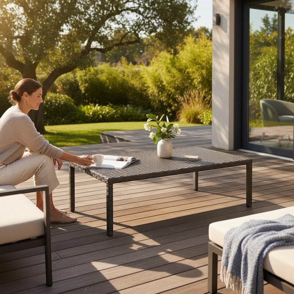Gardenia Furniture Gardenia Elite rectangular coffee table with grey synthetic rattan weave and dark metal legs.