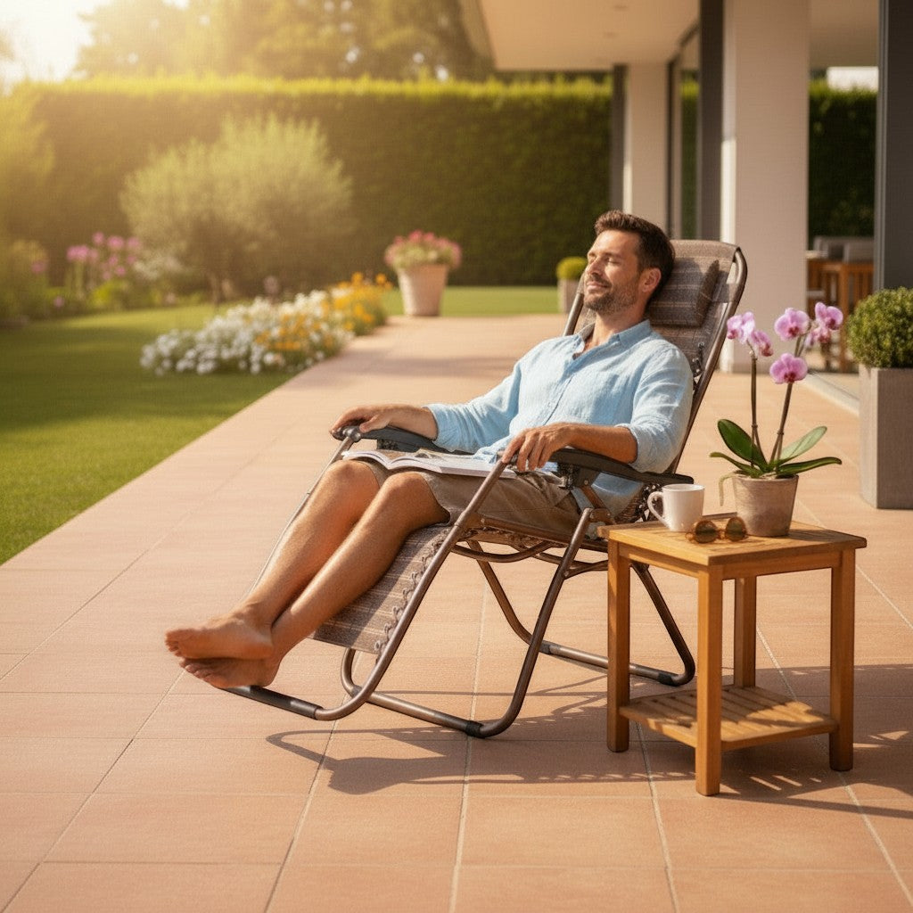 Gardenia Furniture Zen zero gravity folding chair with breathable mesh fabric and padded headrest, reclined on a patio.