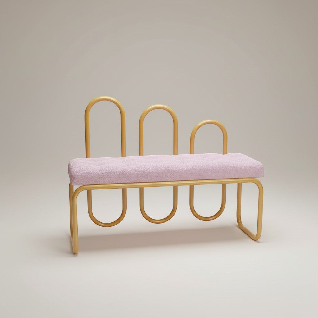 Gardenia Furniture Alya bench with gold aluminum frame and light pink linen cushion. Elegant, minimalist design for indoor or outdoor use.