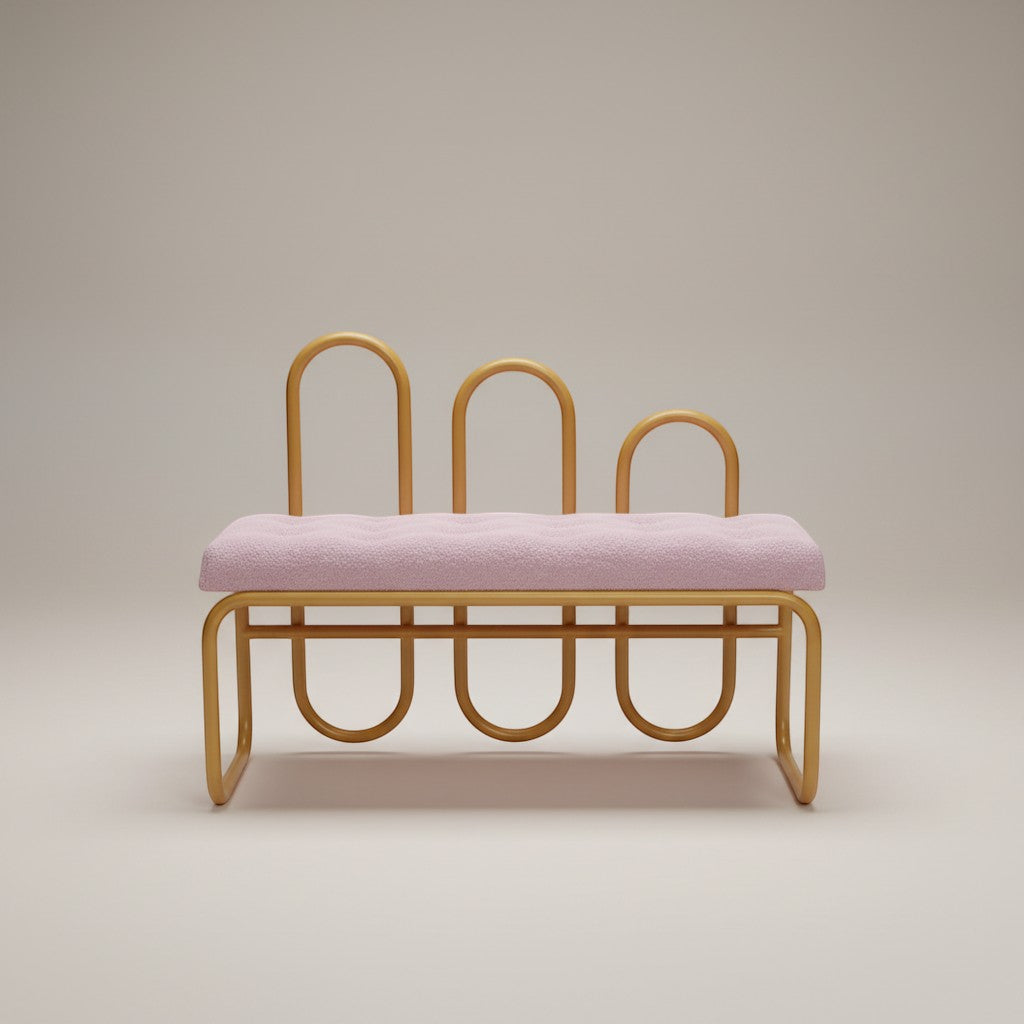 Gardenia Furniture Alya bench with gold aluminum frame and light pink linen cushion. Modern minimalist design.