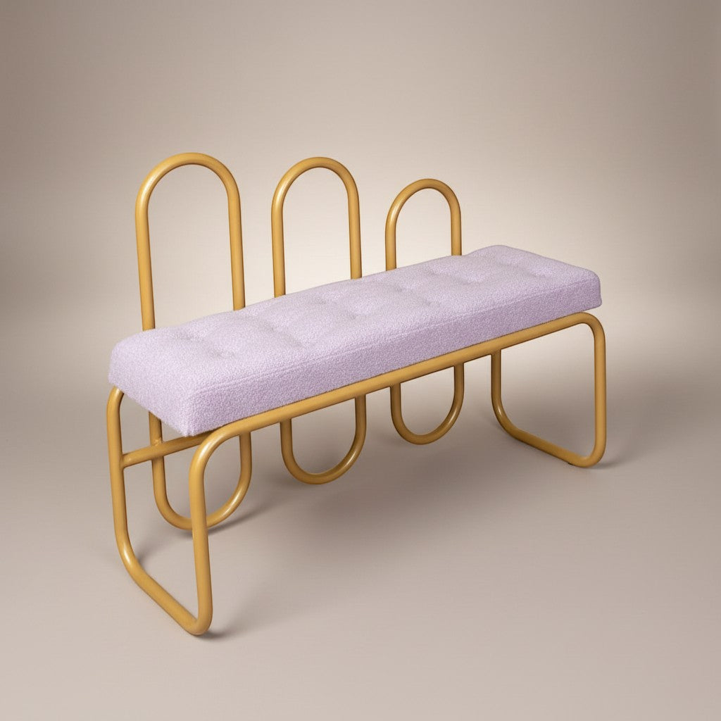 Gardenia Furniture Alya bench with gold aluminum frame and light purple linen cushion. Ideal for indoor or outdoor use.