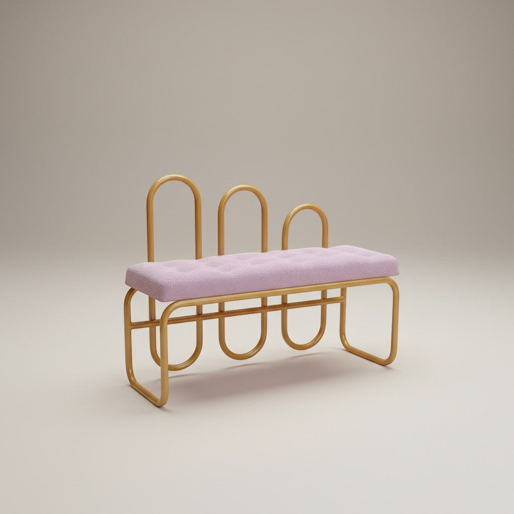 Gardenia Furniture Alya bench with gold aluminum frame and light pink linen cushion. Modern minimalist design.