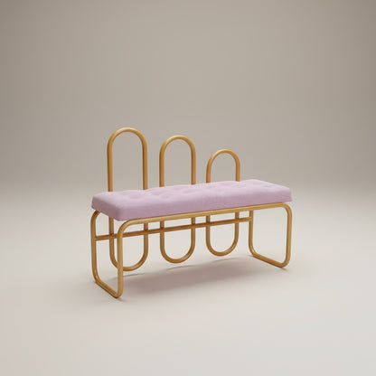 Gardenia Furniture Alya bench with gold aluminum frame and light pink linen cushion. Modern minimalist design.