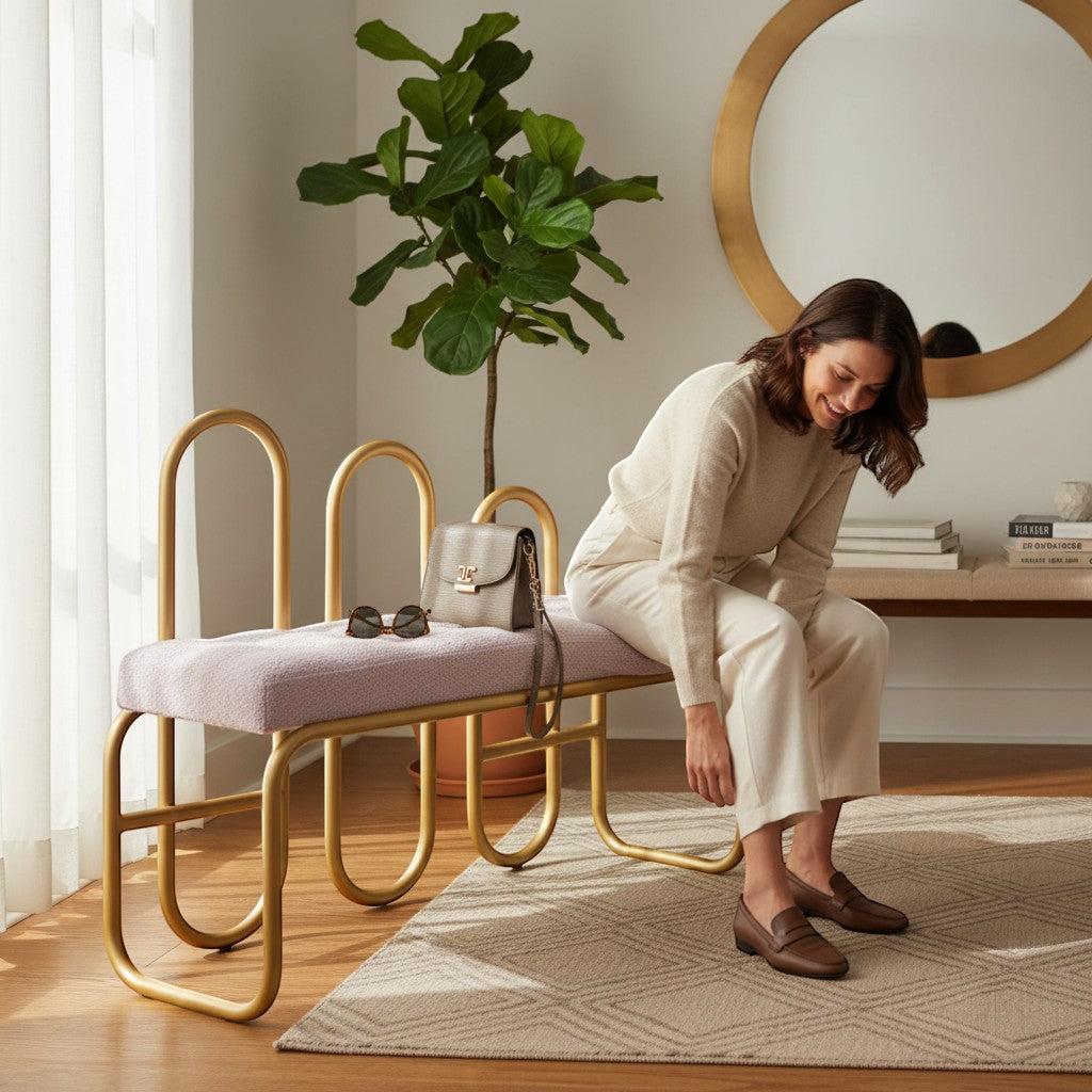 Gardenia Furniture Alya bench with gold aluminum frame and light purple linen cushion. Ideal for indoor or outdoor use.