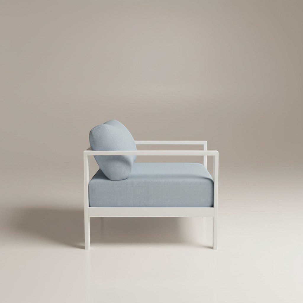 Gardenia Furniture Arco Lounge Chair in light blue fabric with white aluminum frame, minimalist design for indoor or outdoor use.