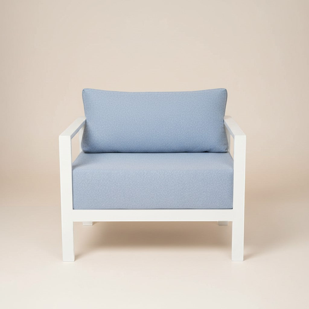Gardenia Furniture Arco Lounge Chair in light blue textured fabric with white aluminum frame. Modern minimalist design.