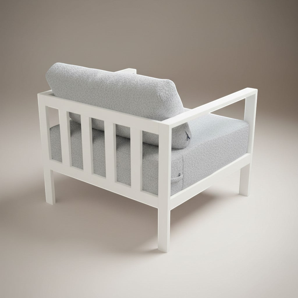 Gardenia Furniture Arco lounge chair with white aluminum frame and grey textured fabric seat and back cushion.