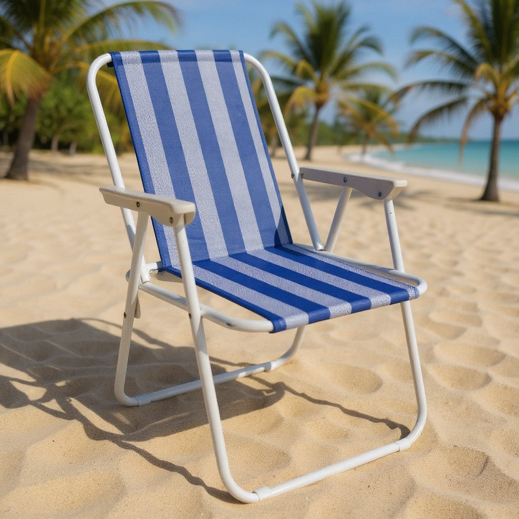 Gardenia Furniture blue and white striped folding beach chair with PVC mesh fabric and white frame.