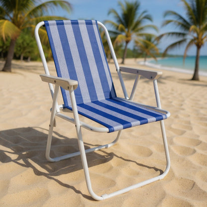 Gardenia Furniture blue and white striped folding beach chair with PVC mesh fabric and white frame.
