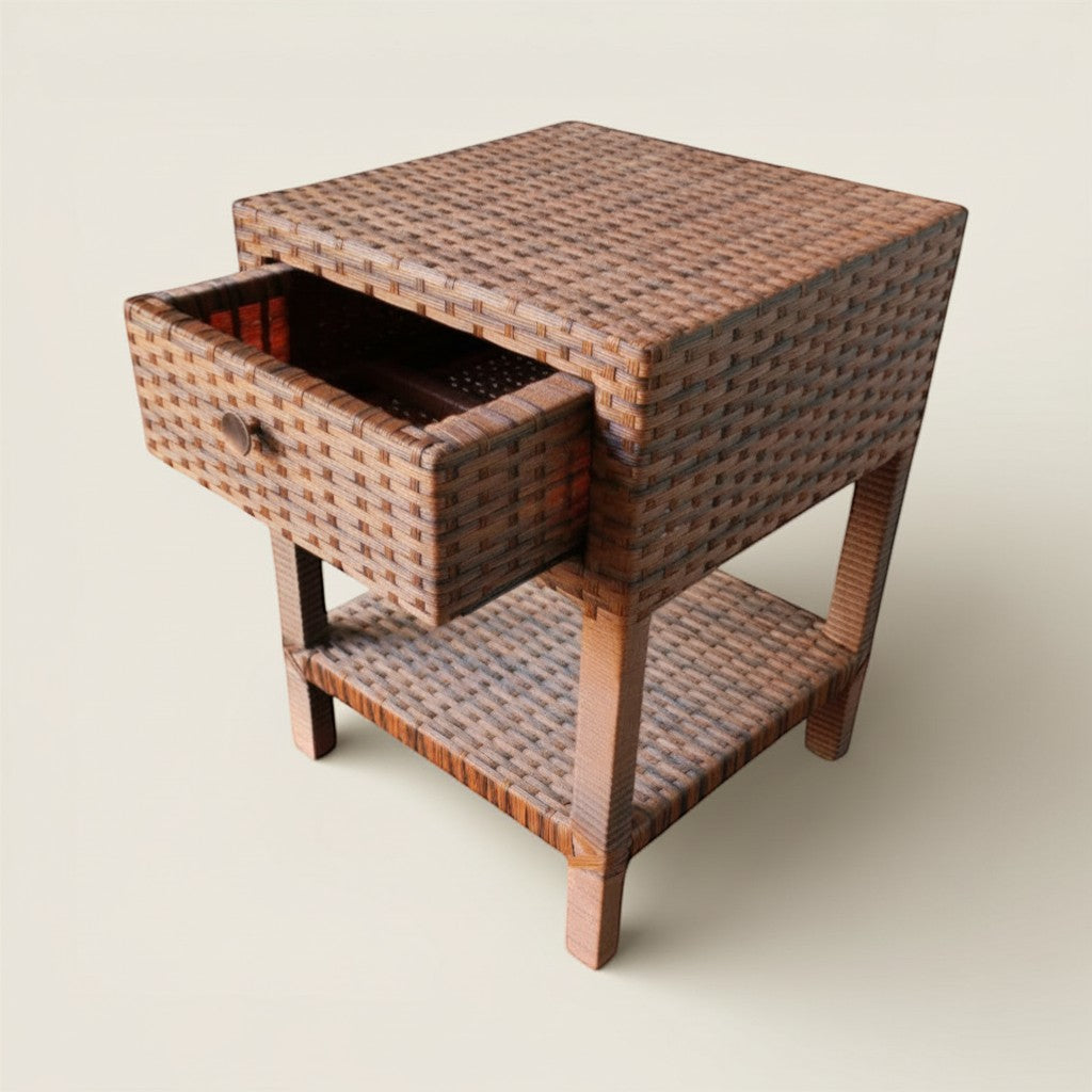 Gardenia Furniture brown synthetic rattan nightstand with one drawer and open shelf. Modern design.