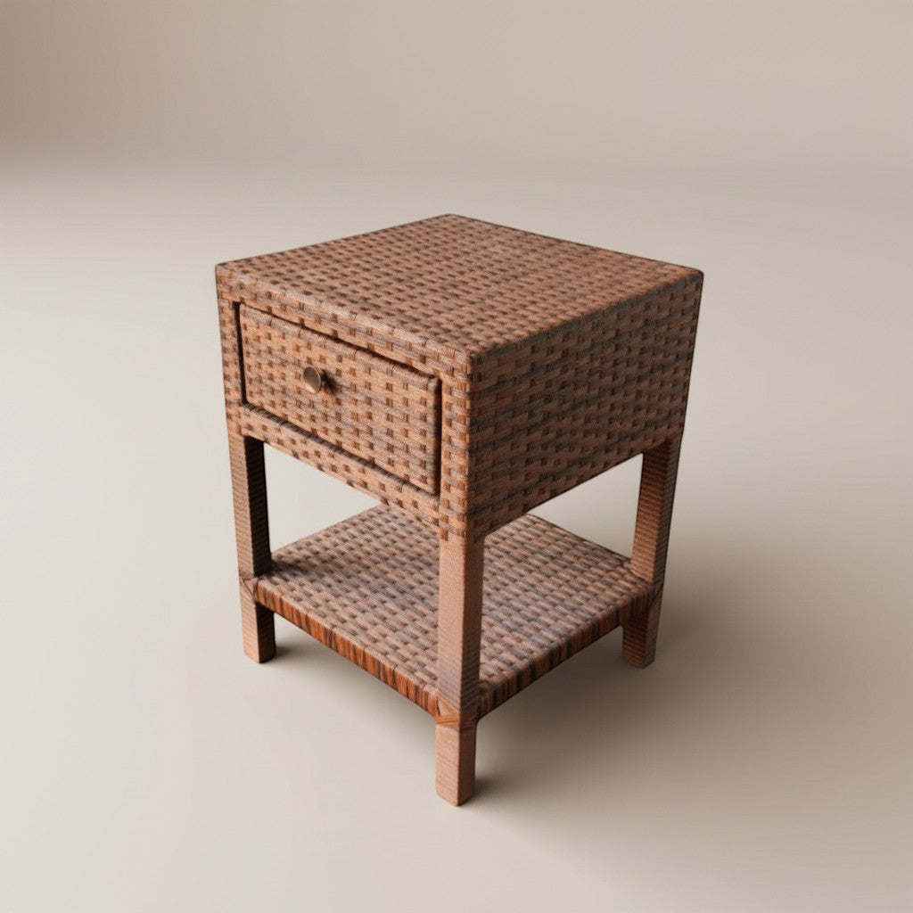 Gardenia Furniture brown synthetic rattan nightstand with one drawer and open shelf. Natural weave texture.