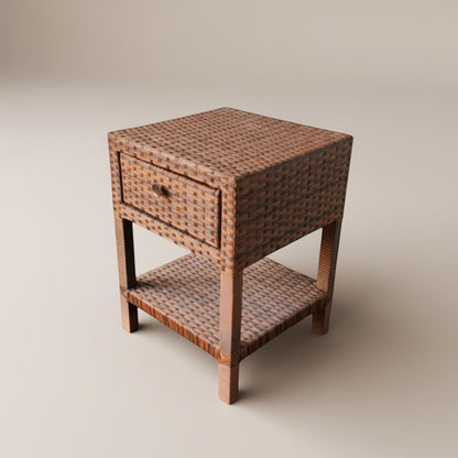 Gardenia Furniture brown synthetic rattan nightstand with one drawer and open shelf. Natural weave texture.