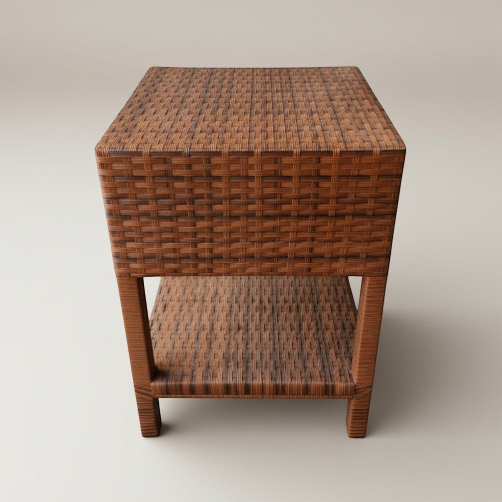 Gardenia Furniture brown synthetic rattan nightstand with open shelf and drawer. Modern design.