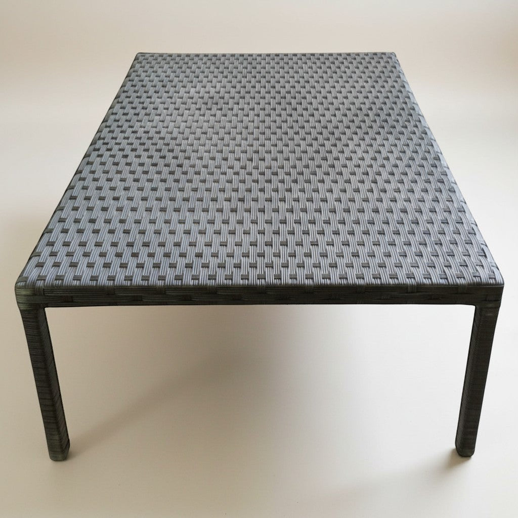 Gardenia Furniture Elite rectangular coffee table with synthetic rattan weave in brown and grey tones. Metal frame.