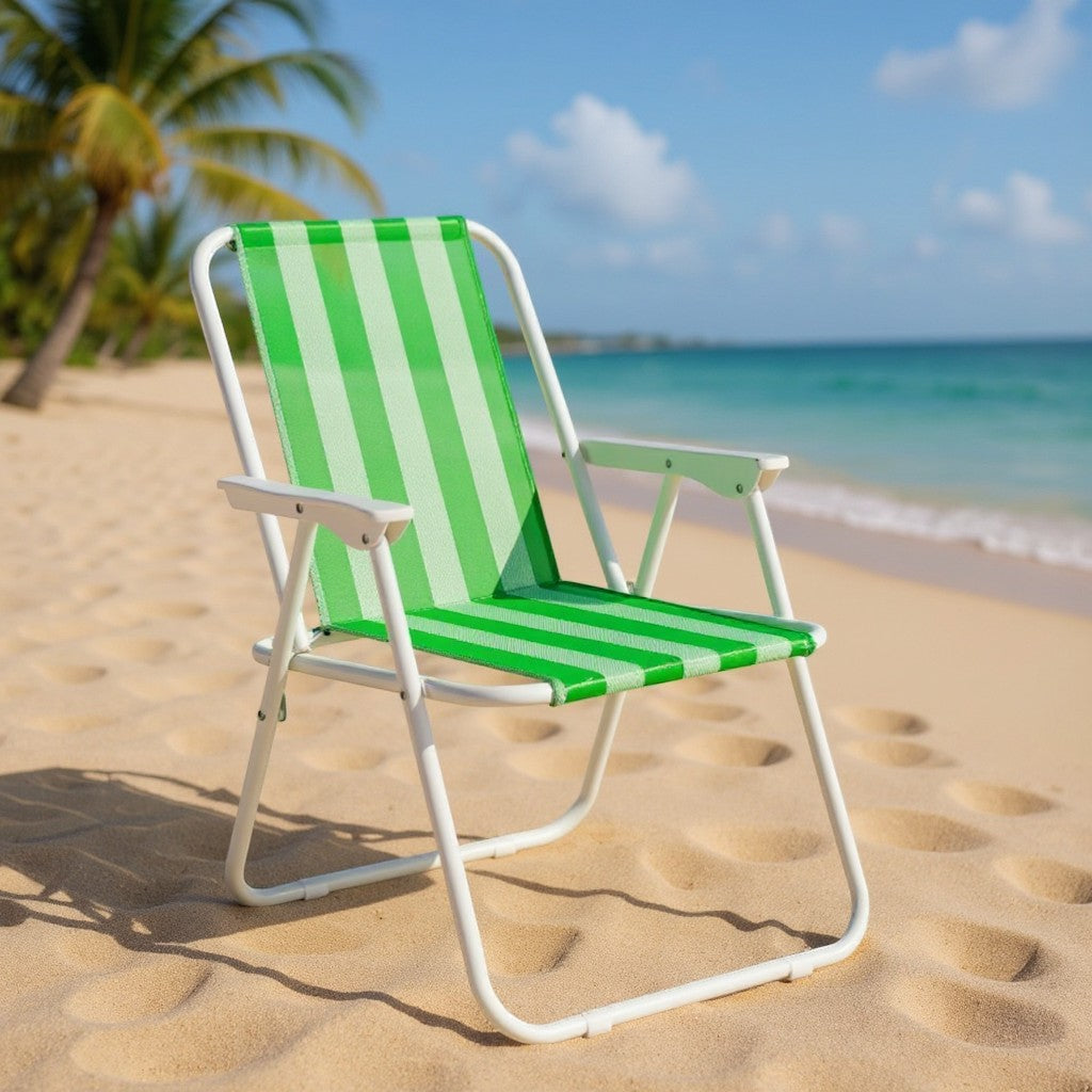 Gardenia Furniture green and white striped folding beach chair with PVC mesh fabric and steel frame.
