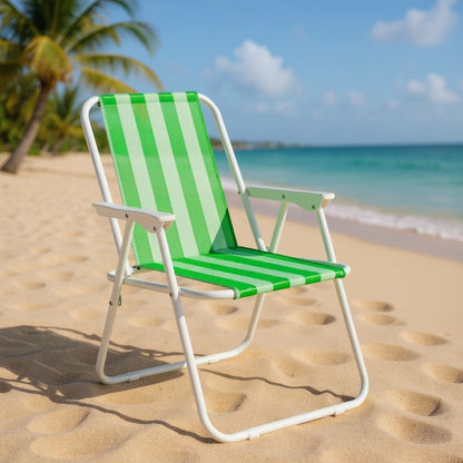 Gardenia Furniture green and white striped folding beach chair with PVC mesh fabric and steel frame.