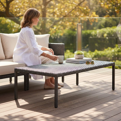 Gardenia Furniture Gardenia Elite rectangular coffee table with grey synthetic rattan weave and dark metal legs.