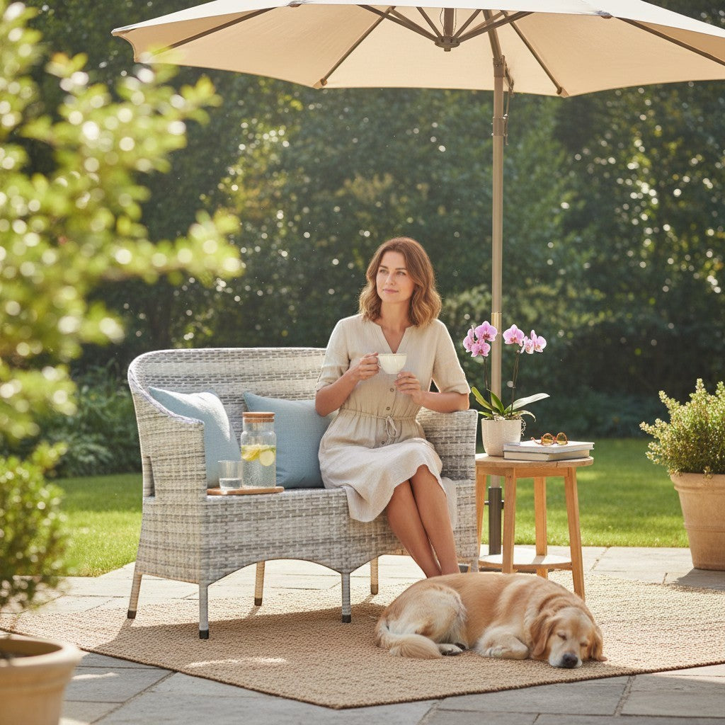 Gardenia Furniture grey and white woven rattan outdoor sofa with steel frame, ideal for gardens and balconies.