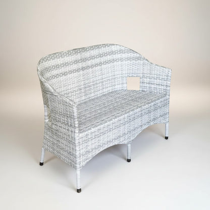 Gardenia Furniture grey and white rattan outdoor sofa with steel frame, ideal for gardens or balconies.