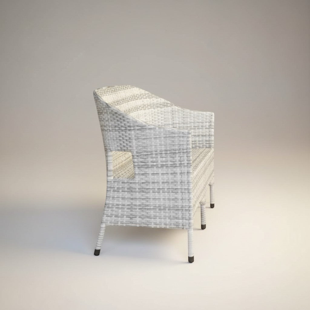 Gardenia Furniture grey and white woven rattan 2-seater outdoor sofa with steel frame, ideal for gardens or balconies.