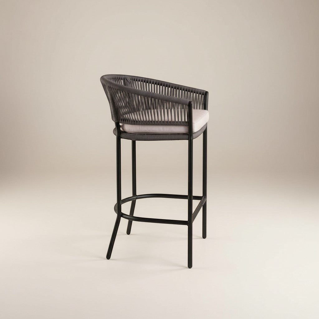 Gardenia Furniture Lina Bar Chair in dark grey synthetic rope with black steel frame and removable cushion.