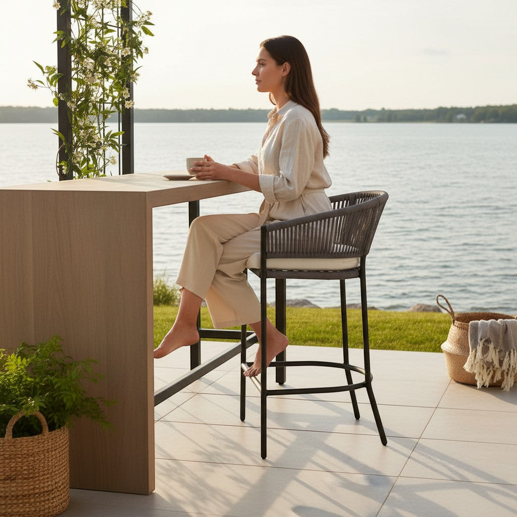 Gardenia Furniture Lina Bar Chair with grey rope weave, black steel frame, and white cushion. Modern outdoor seating.
