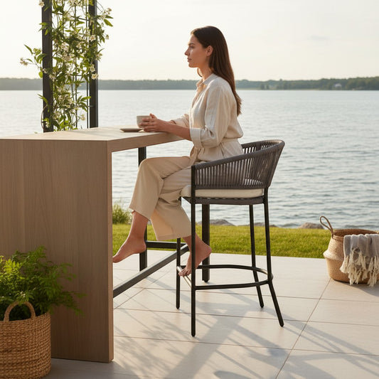 Gardenia Furniture Lina Bar Chair with grey rope weave, black steel frame, and white cushion. Modern outdoor seating.
