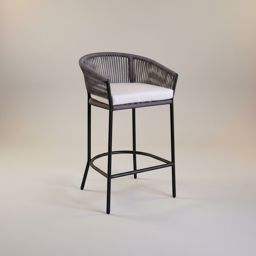 Gardenia Furniture Lina Bar Chair in grey synthetic rope with a light grey cushion and black steel frame.