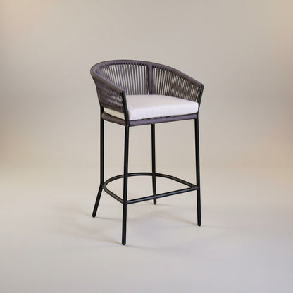 Gardenia Furniture Lina Bar Chair in grey synthetic rope with a light grey cushion and black steel frame.