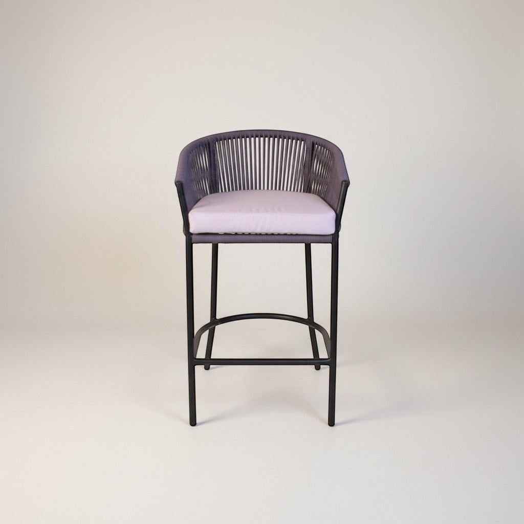 Gardenia Furniture Lina bar chair with grey rope weave and light pink cushion. Powder-coated steel frame.