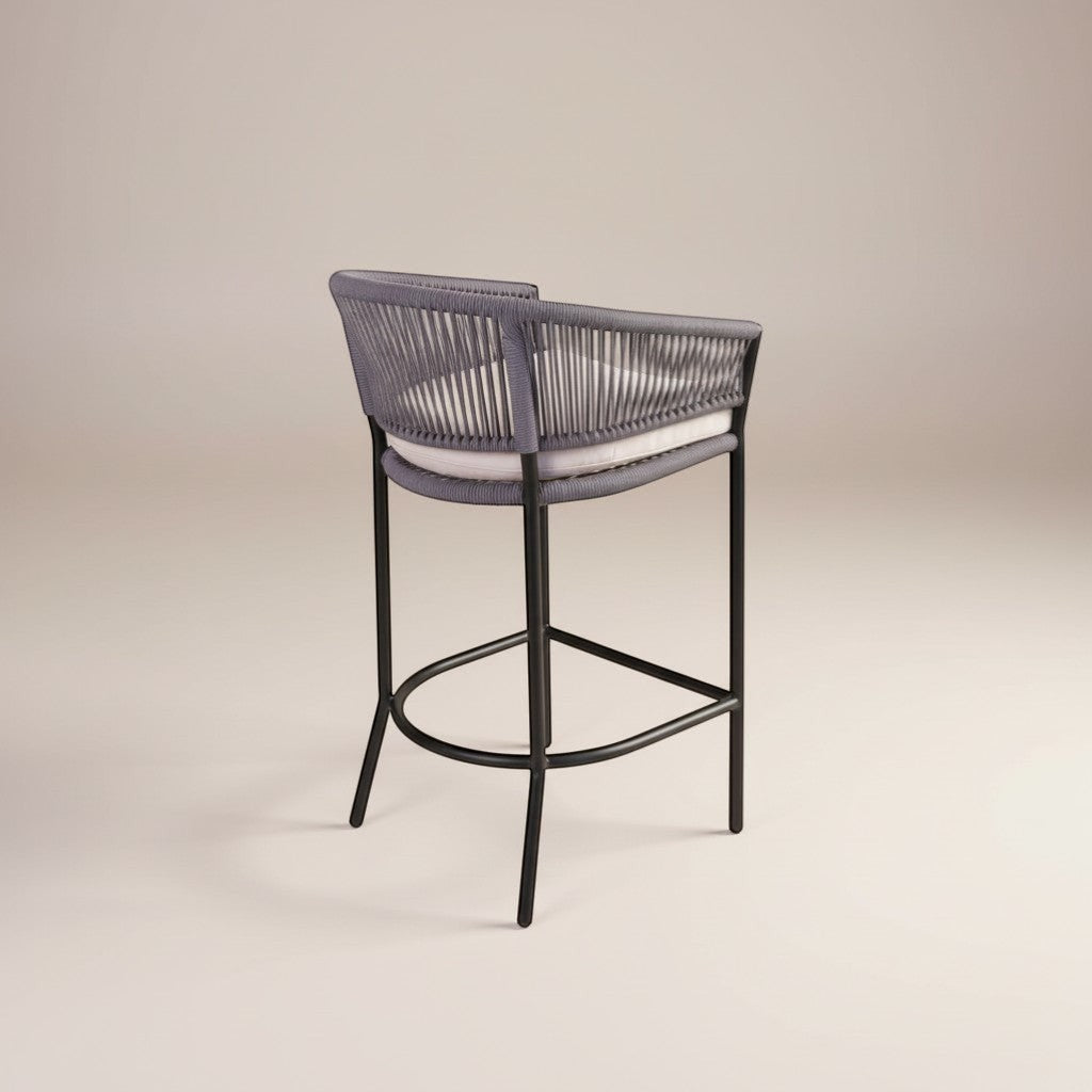 Gardenia Furniture Lina bar chair with grey synthetic rope weave, black steel frame, and removable beige cushion.