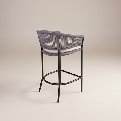 Gardenia Furniture Lina bar chair with grey synthetic rope weave, black steel frame, and removable beige cushion.