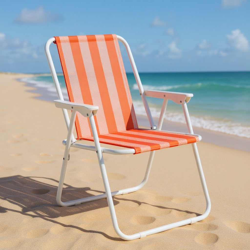 Gardenia Furniture orange and white striped folding beach chair with PVC mesh fabric and white frame.