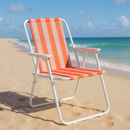 Gardenia Furniture orange and white striped folding beach chair with PVC mesh fabric and white frame.