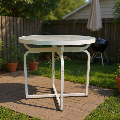 Gardenia Furniture round Carrara marble tabletop with white aluminum frame, ideal for outdoor use.