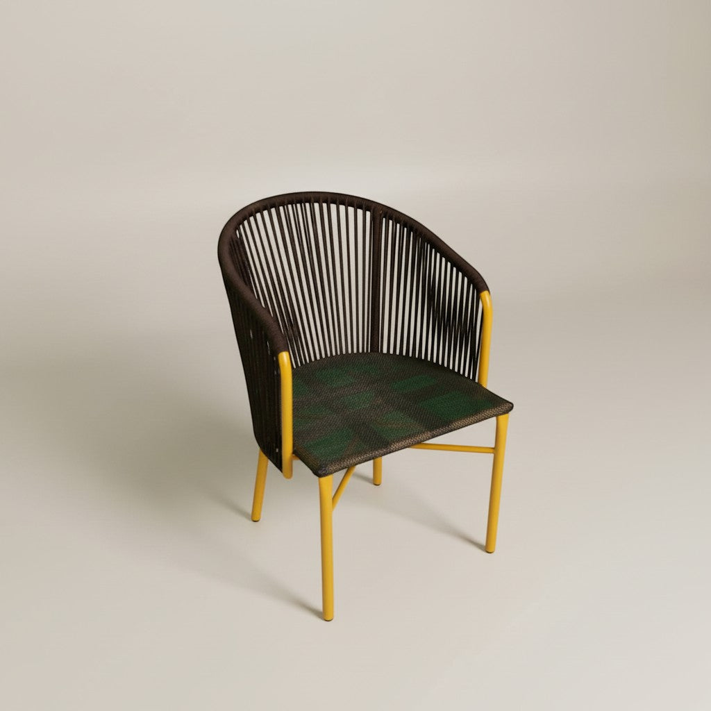 Gardenia Furniture Sumer Set chair with brown rope back, green PVC mesh seat, and yellow steel frame. Outdoor patio furniture.