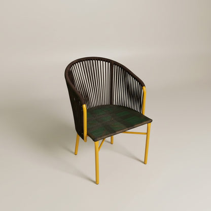 Gardenia Furniture Sumer Set chair with brown rope back, green PVC mesh seat, and yellow steel frame. Outdoor patio furniture.