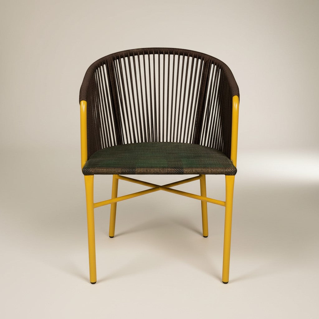 Gardenia Furniture Sumer Set chair with yellow frame, dark rope back, and dark mesh seat. Modern outdoor seating.