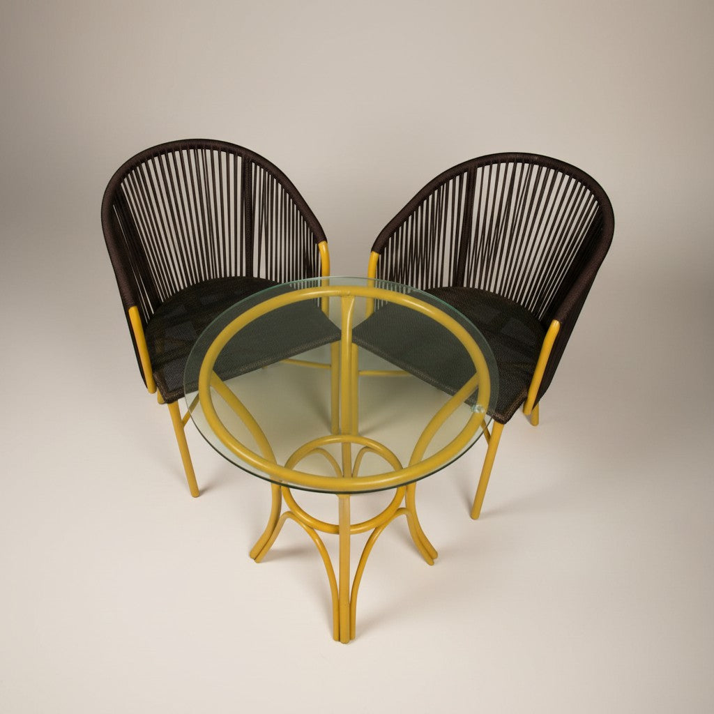 Gardenia Furniture Sumer Set: two yellow metal chairs with black rope backs and PVC mesh seats, and a glass-top table. Perfect for patios.