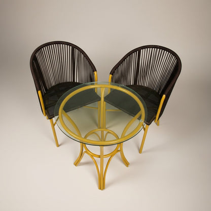 Gardenia Furniture Sumer Set: two yellow metal chairs with black rope backs and PVC mesh seats, and a glass-top table. Perfect for patios.