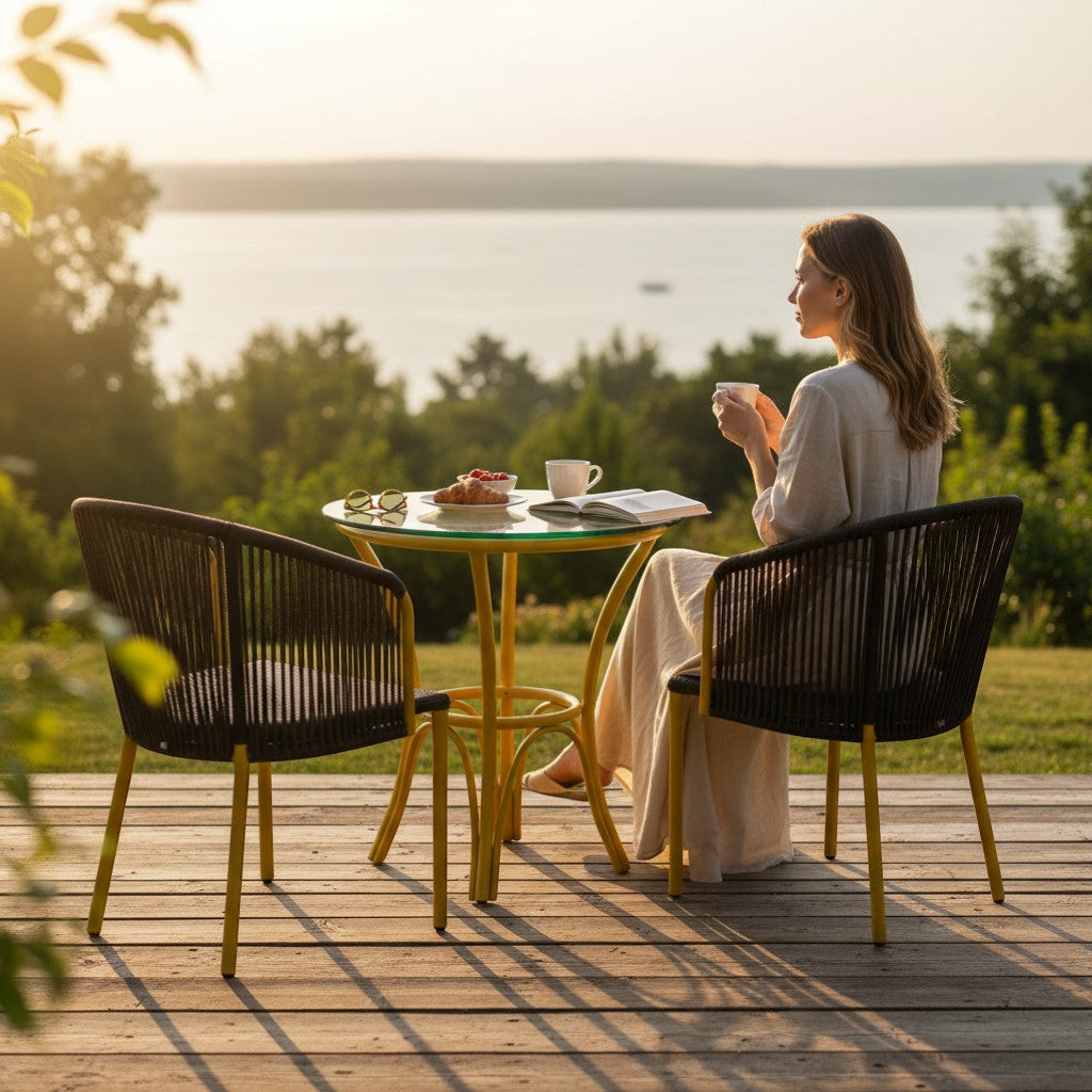 Gardenia Furniture Sumer Set: 2 chairs with dark rope backs, PVC mesh seats, and yellow steel frames, plus a glass-top table. Ideal for patios.