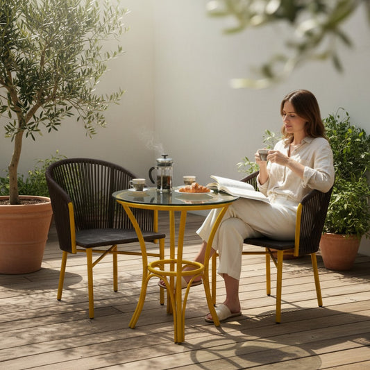 Gardenia Furniture Sumer Set: 2 chairs with dark rope backs, PVC mesh seats, and yellow steel frames, plus a glass-top table with a yellow base. Ideal for patios.