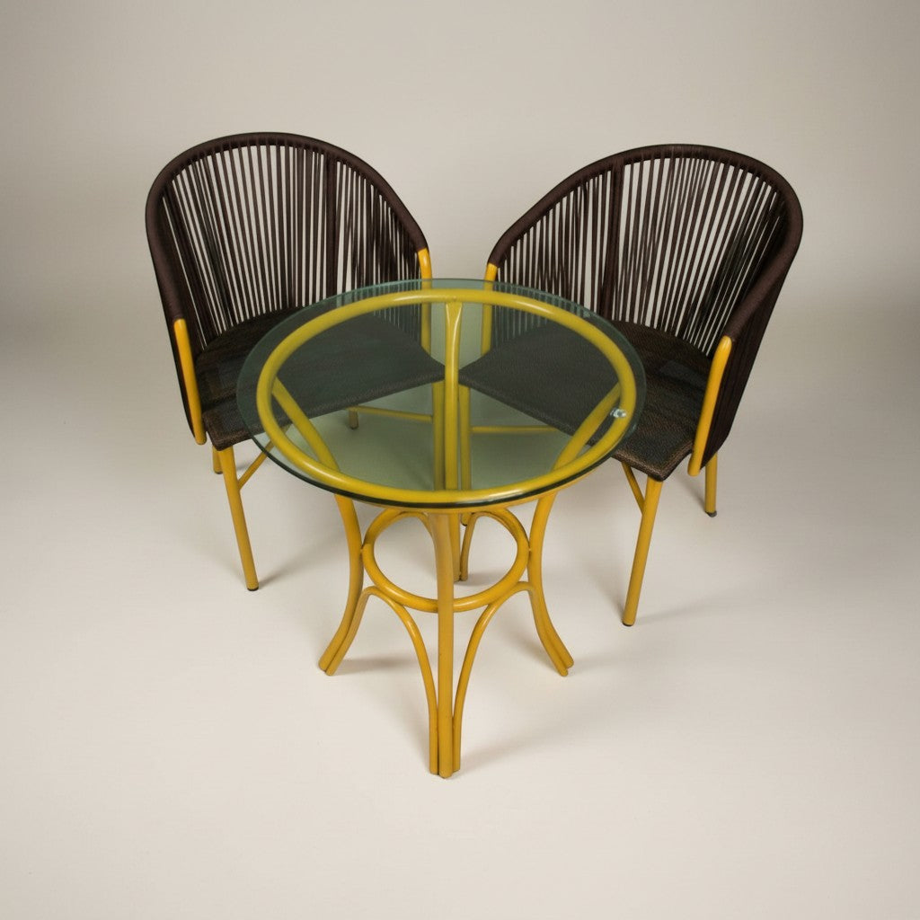 Gardenia Furniture Sumer Set: 2 chairs with brown rope backs, PVC mesh seats, and yellow steel frames, plus a glass-top table. Ideal for patios.