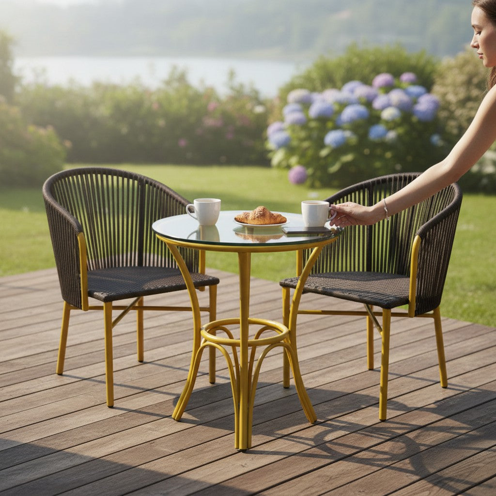 Gardenia Furniture Sumer Set: 2 chairs with brown rope backs, PVC mesh seats, and yellow steel frames, plus a glass-top table. Ideal for patios.
