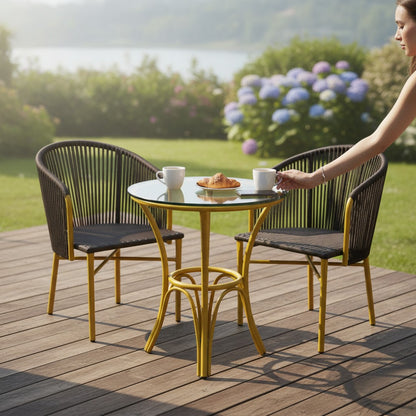 Gardenia Furniture Sumer Set: 2 chairs with brown rope backs, PVC mesh seats, and yellow steel frames, plus a glass-top table. Ideal for patios.