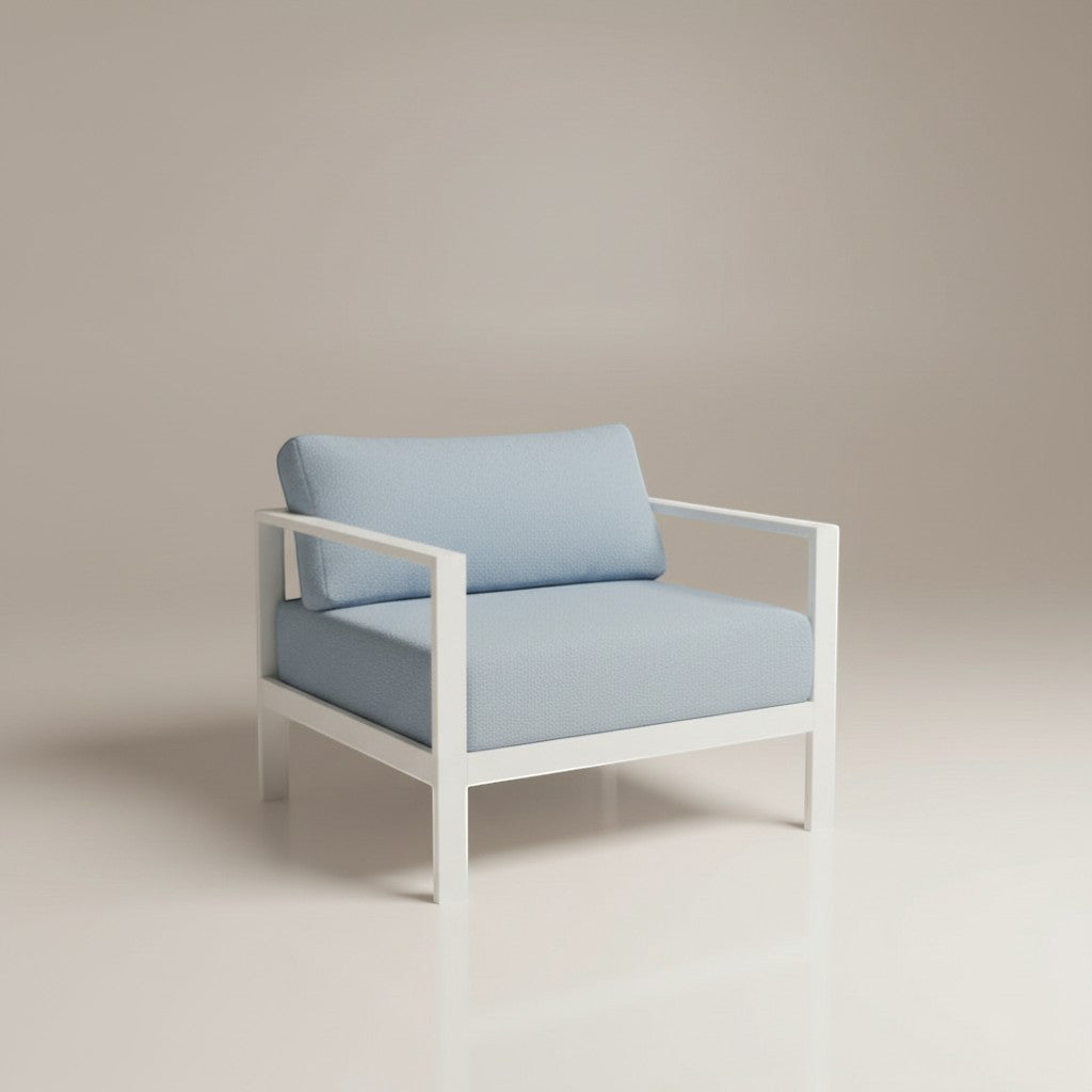 Gardenia Furniture Arco Lounge Chair in light blue textured fabric with a white aluminum frame. Modern minimalist design.